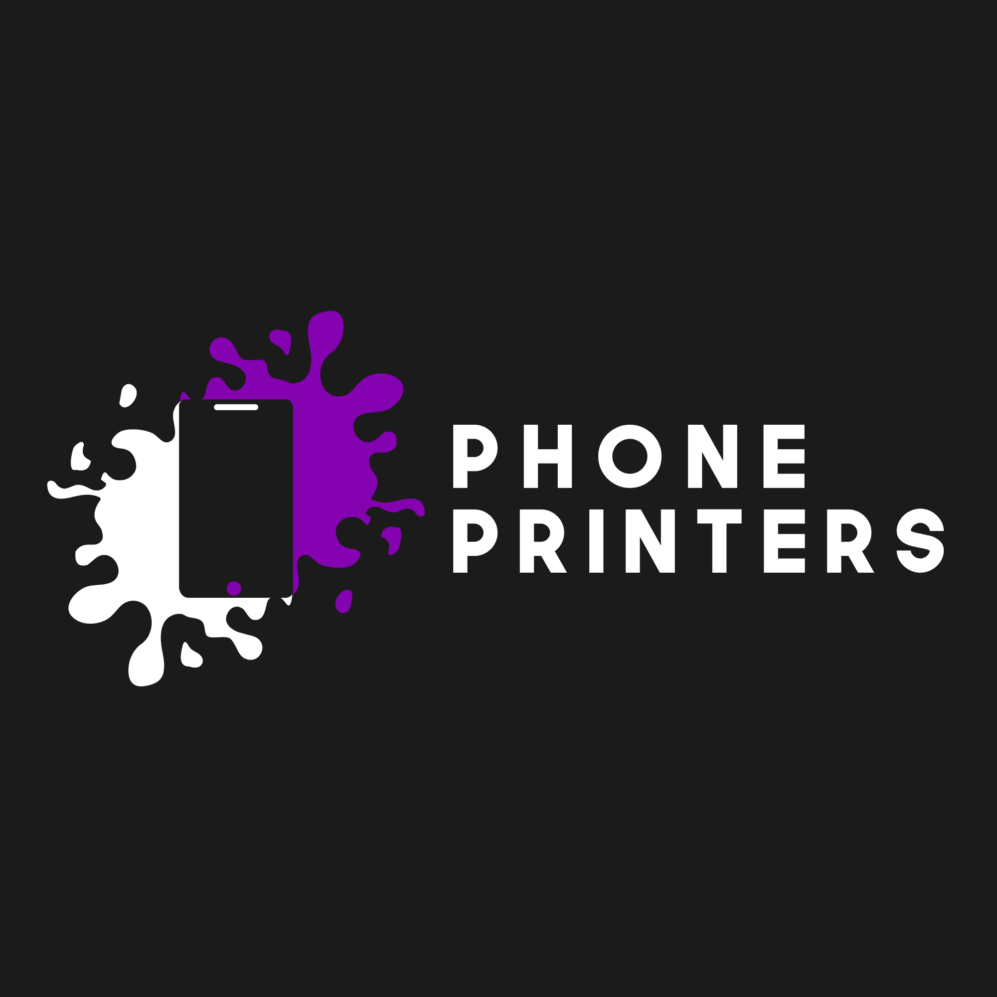 Phone Printers logotyp i vitt och lila mot en mörk bakgrund